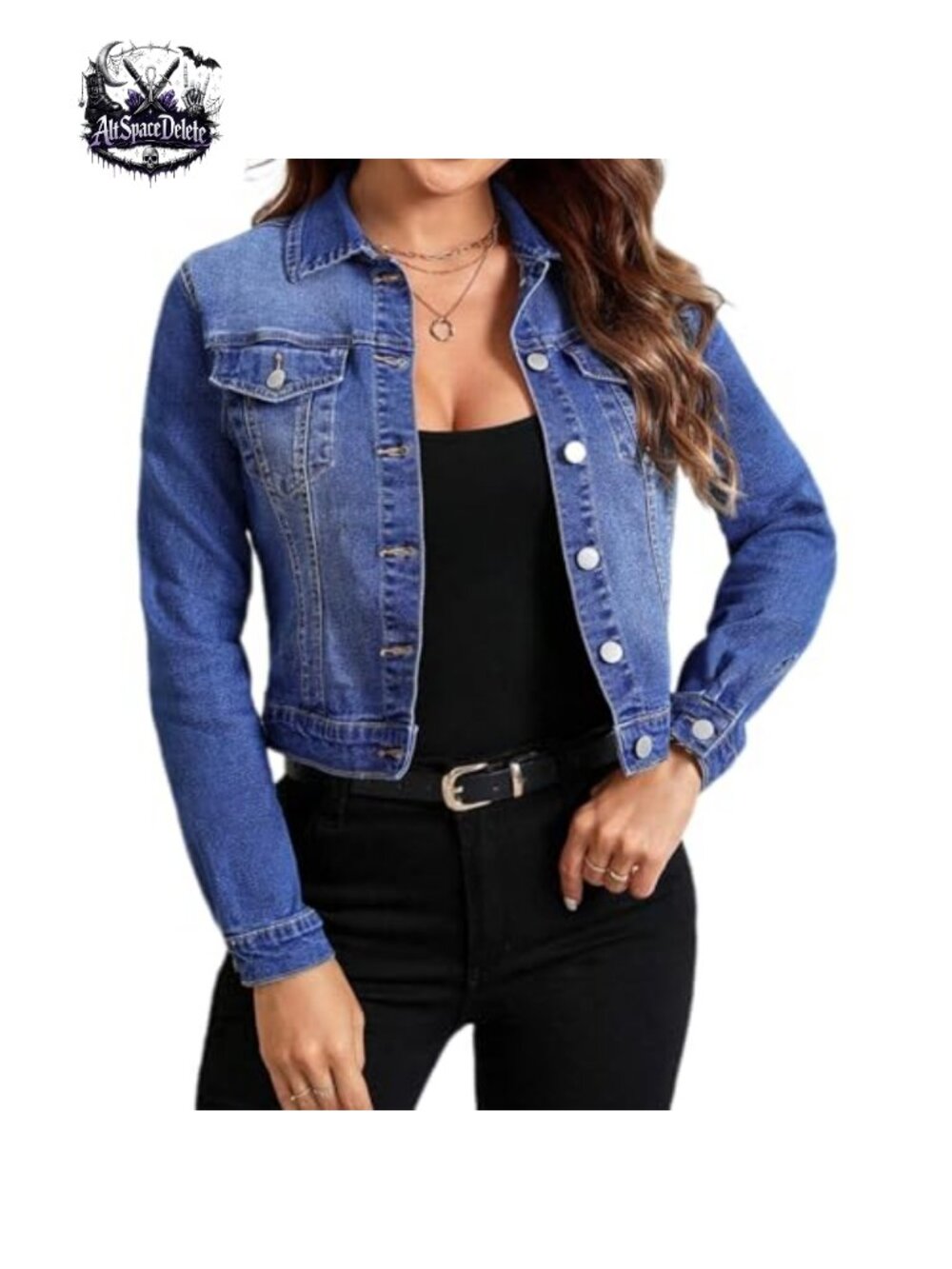 Stretch Denim Cropped Jean Jacket Button Down Slim Fit Long Sleeve